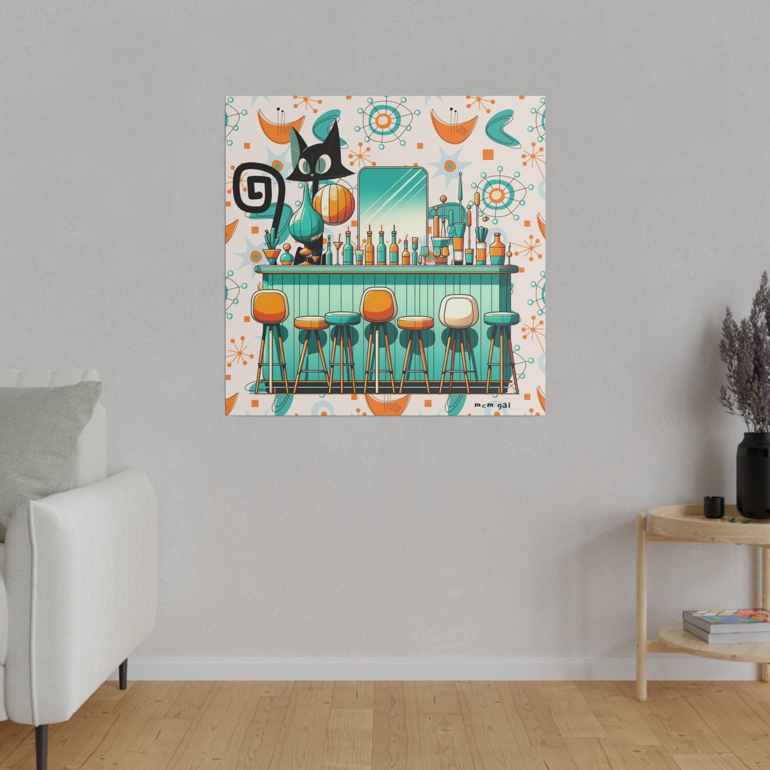 Atomic Cat, Mid Century Modern Kitschy Bar, Orange, Teal Mid Century Modern Wall Art - Mid Century Modern Gal