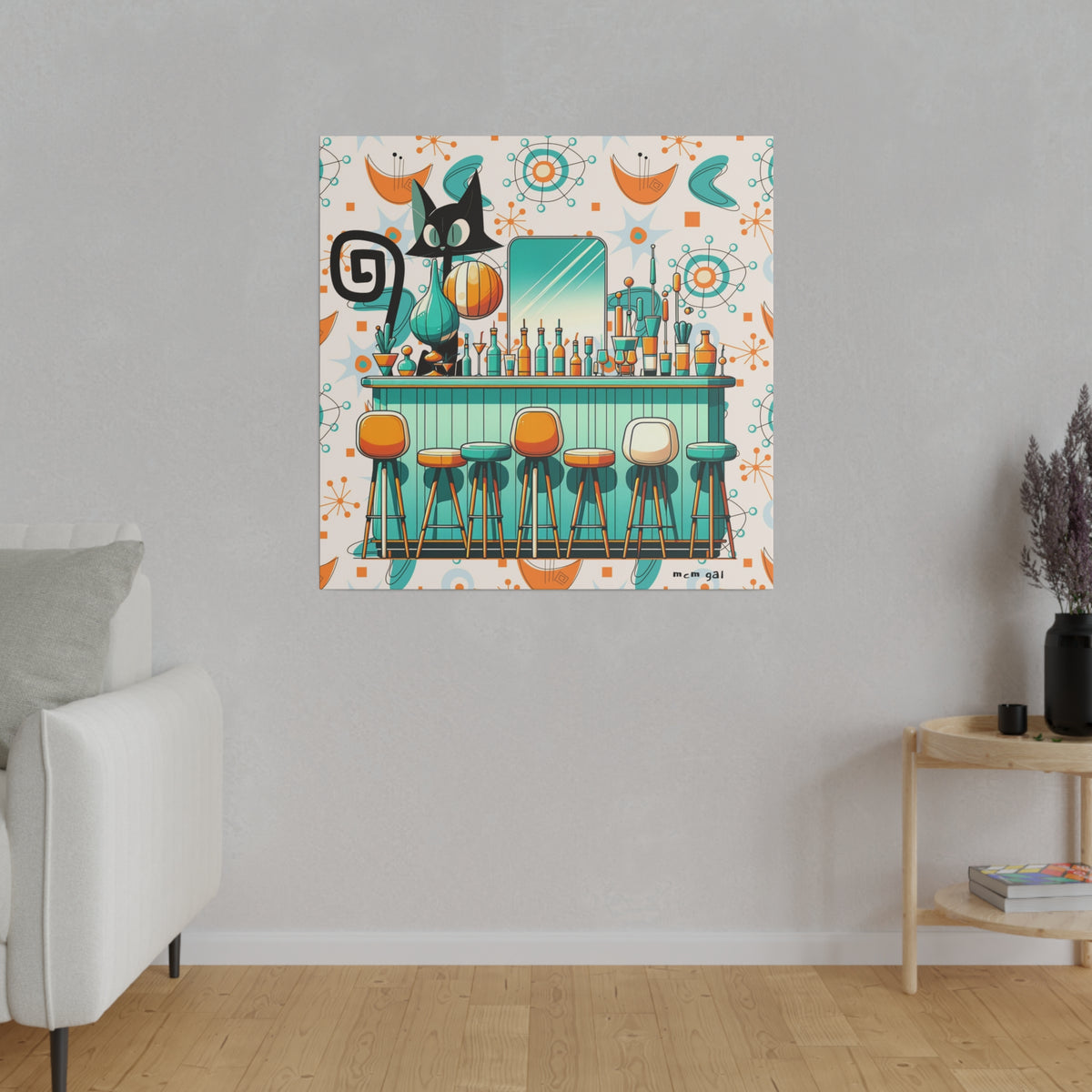 Atomic Cat, Mid Century Modern Kitschy Bar, Orange, Teal Mid Century Modern Wall Art - Mid Century Modern Gal