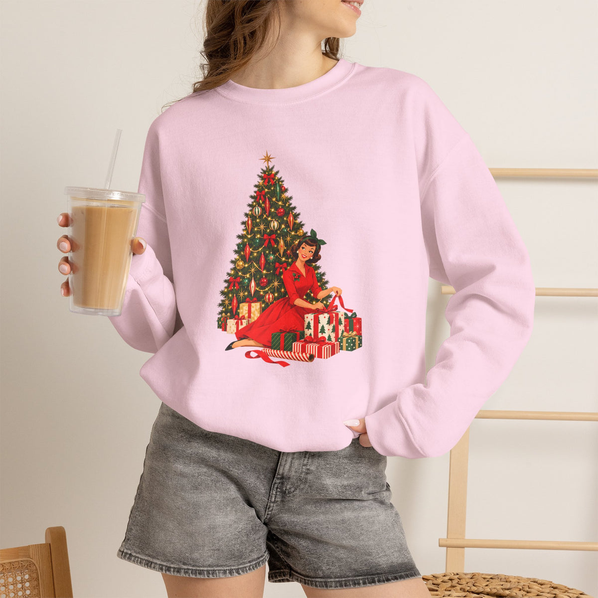 Mid Century Modern Christmas Glamour Gal Wrapping Presents by Tree Unisex Heavy Blend™ Crewneck Sweatshirt - Mid Century Modern Gal