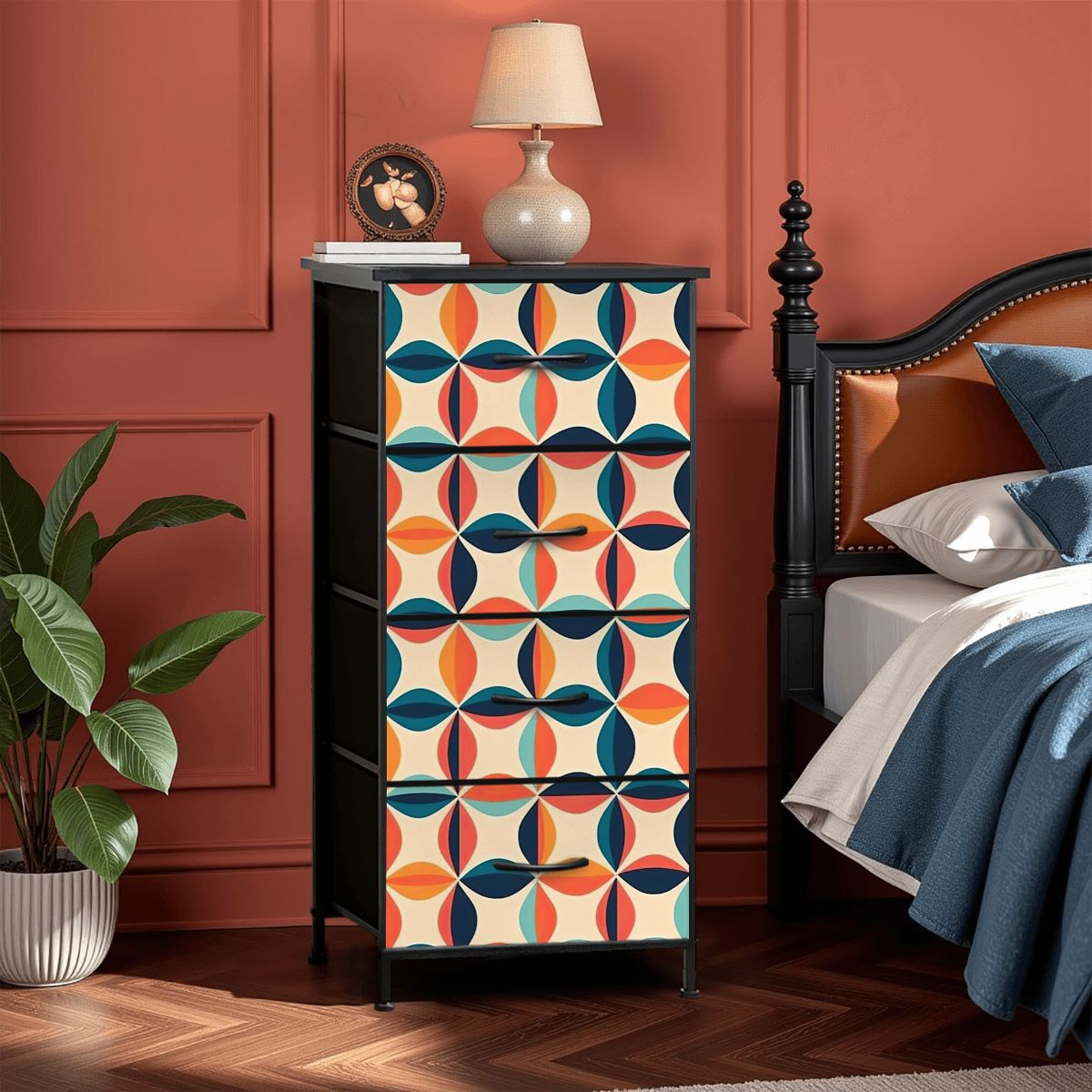 Mid Century Modern Scandinavian Blue, Orange, Teal 60s Geometric Pattern 4-Drawer Dresser - Mid Century Modern Gal