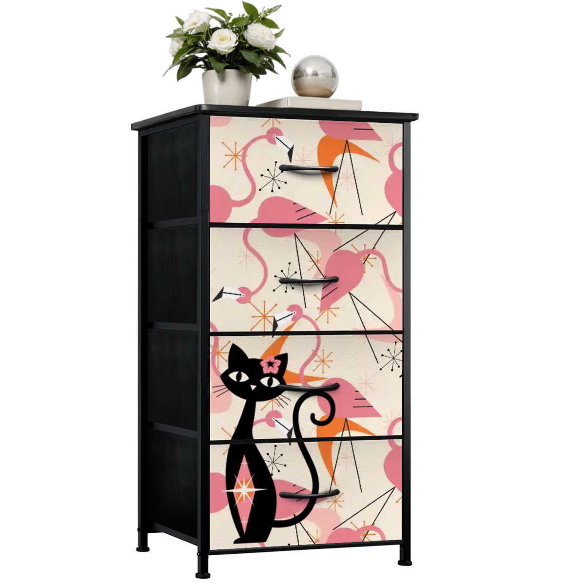 Mid Century Modern Flamingos, Atomic Cat Kitschy Mod 4-Drawer Dresser - Mid Century Modern Gal