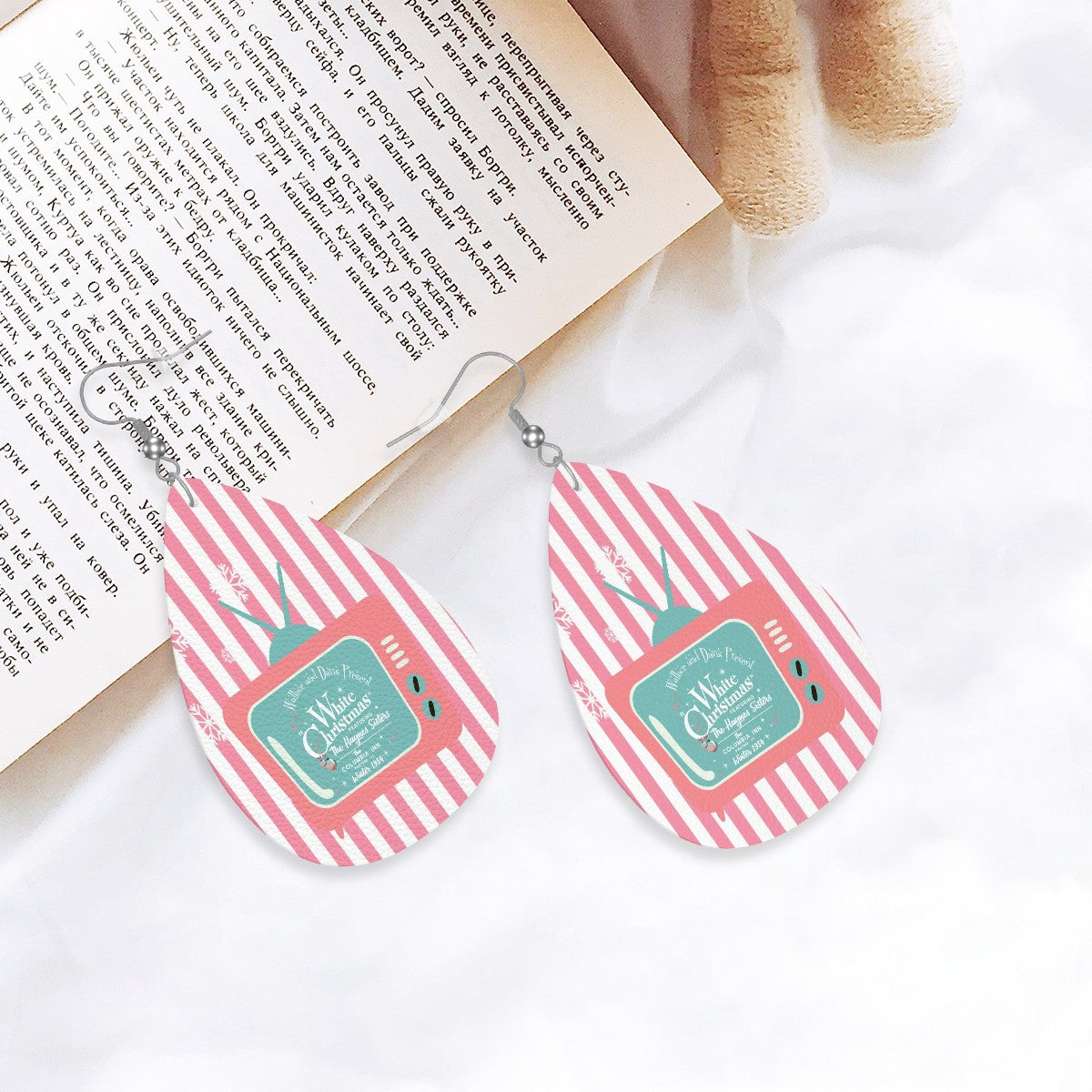 Wallace and Davis Christmas Earrings, White Pink Striped Holiday Faux Leather Teardrop Earrings - Mid Century Modern Gal