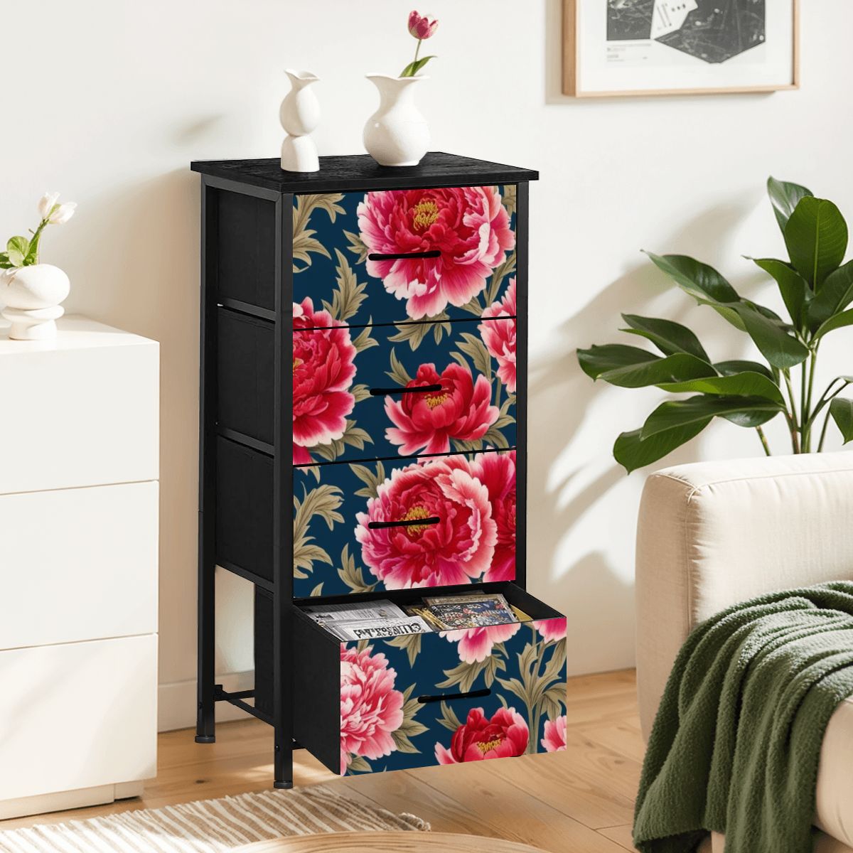 Modern Chinoiserie Royal Blue, Pink Red Floral 4-Drawer Dresser - Mid Century Modern Gal