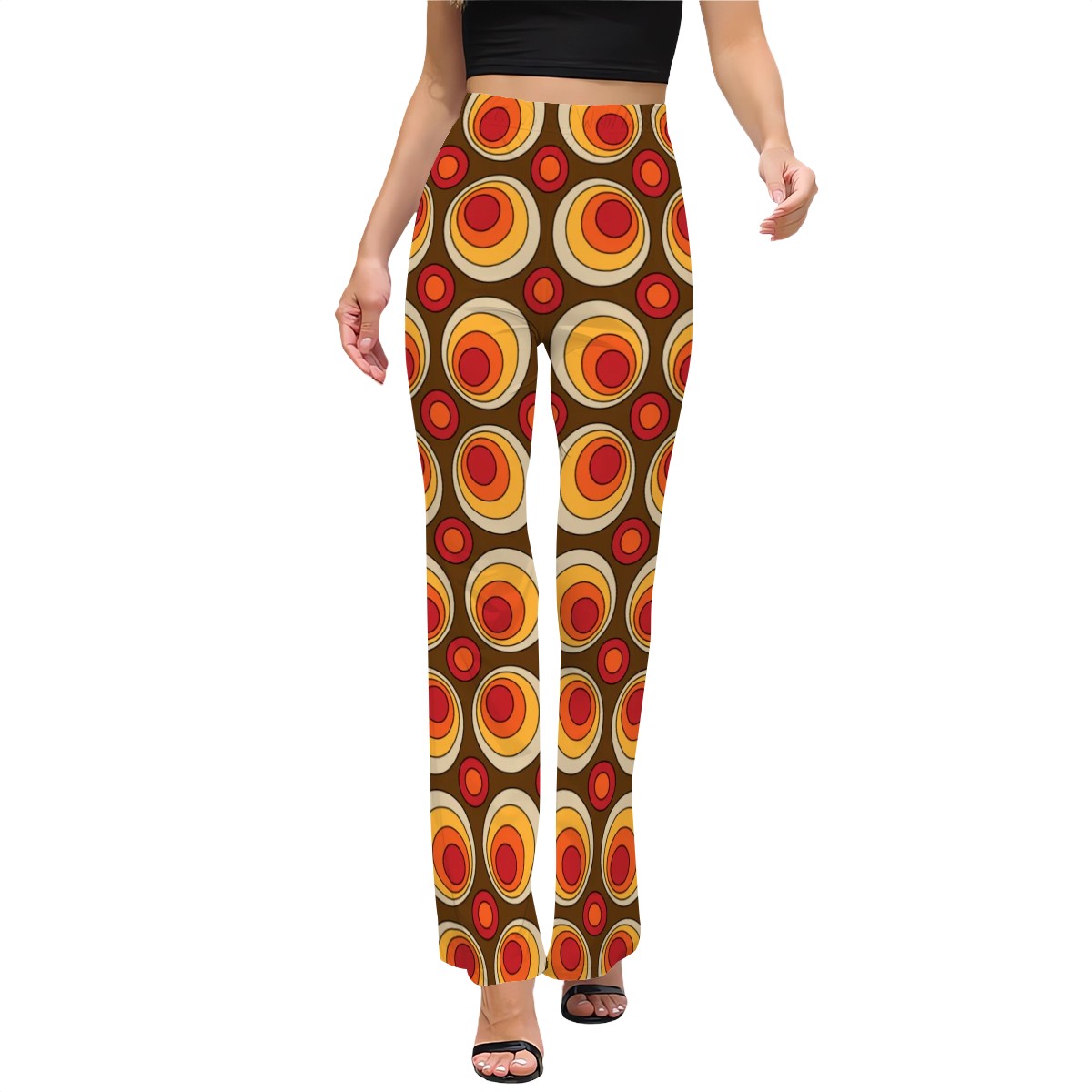 70s Style Women's Flared Pants, Groovy Orbs, Brown Orange, Yellow Hip Fun Apparel - Mid Century Modern Gal