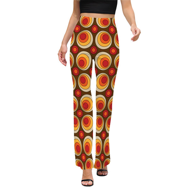 70s Style Women's Flared Pants, Groovy Orbs, Brown Orange, Yellow Hip Fun Apparel
