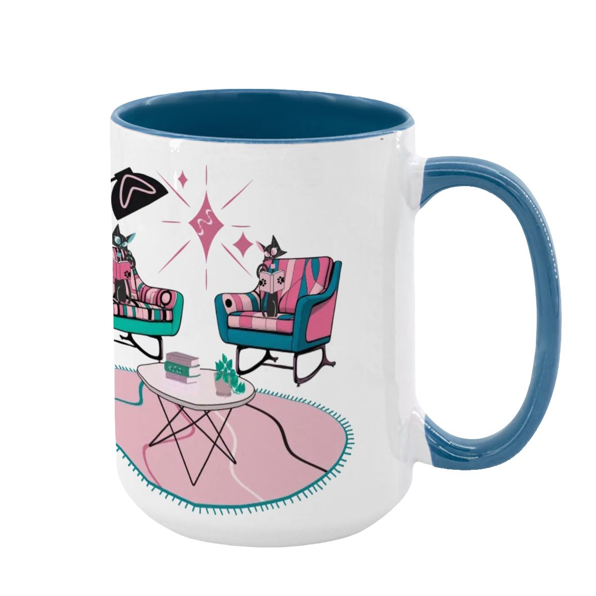 Atomic Reading Cats, Kitschy Mid Century Modern Large Colorful Mug (15oz) - Mid Century Modern Gal