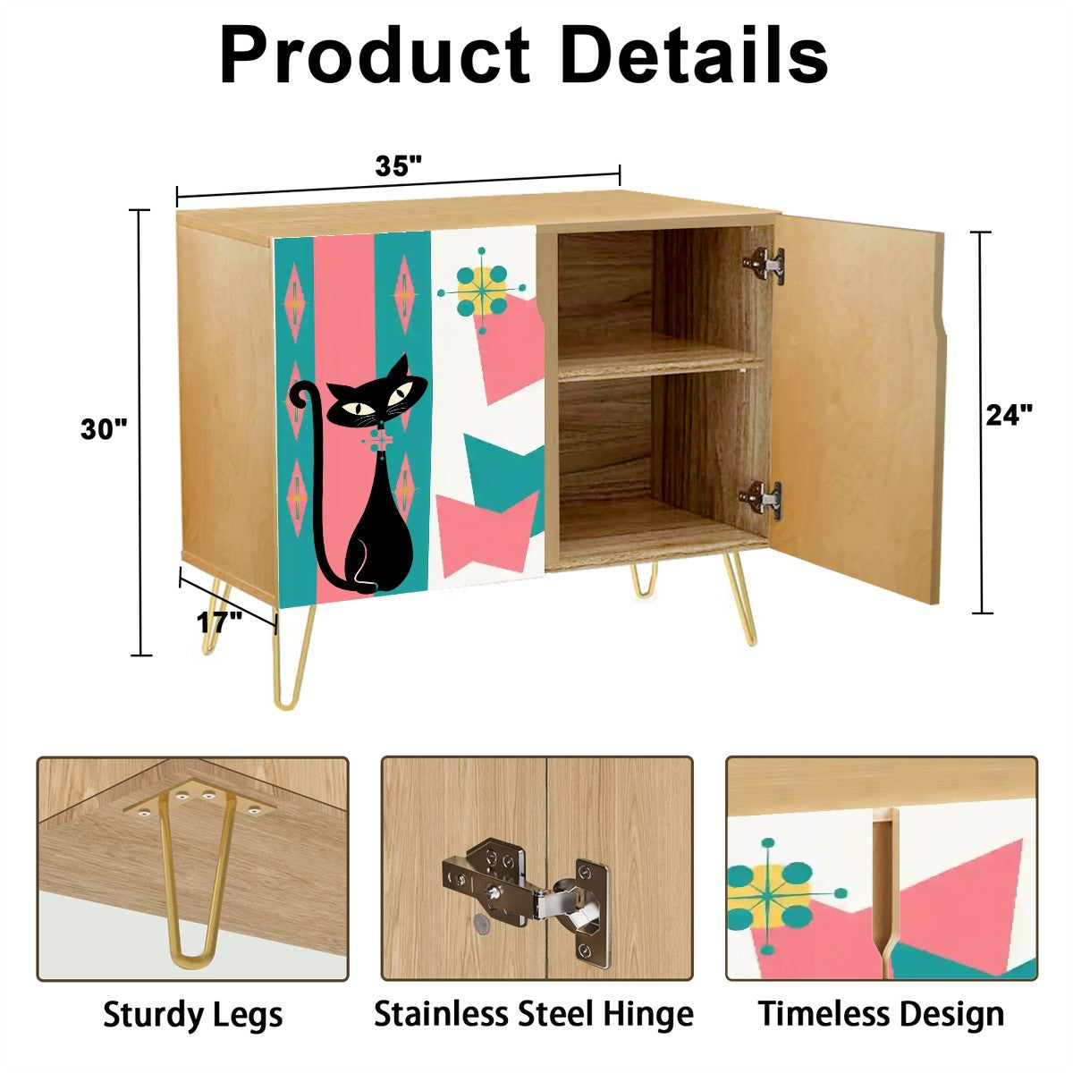 Mid Century Modern Atomic Cat, Pink Teal Mid Mod Kitschy Wooden Storage Cabinet - Mid Century Modern Gal