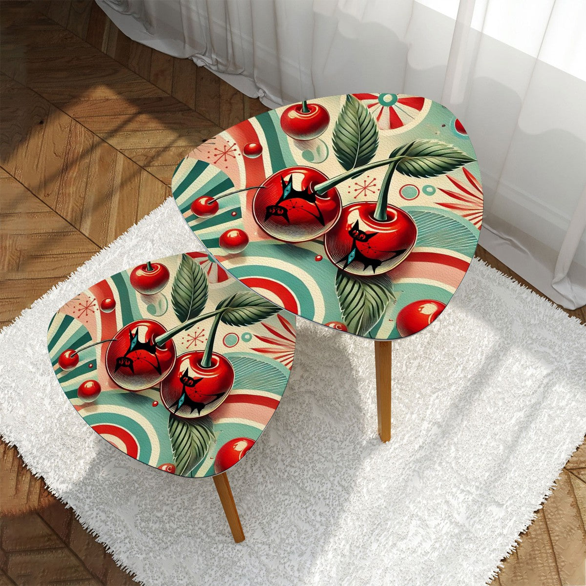 Retro 50s Cherry Mod Atomic Cats Kitschy Mod Red Teal Groovy MCM Nesting Tables - Mid Century Modern Gal