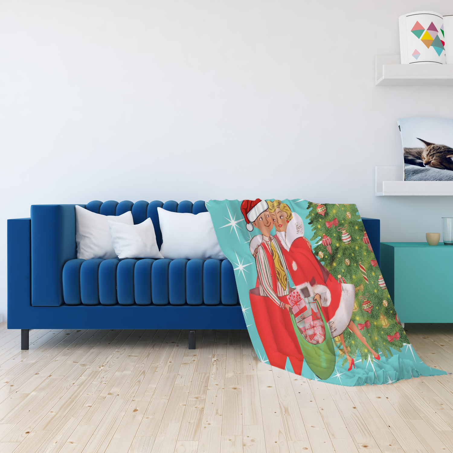 Holiday Vintage 50s Kitsch Retro Aqua Blue Diamond Starburst Mid Century Modern Vintage Christmas Holiday Decor Sherpa Blanket - Mid Century Modern Gal