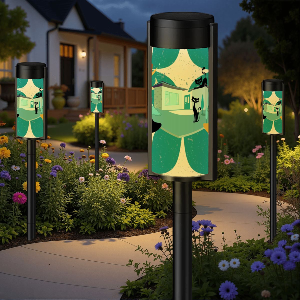 Mid Century Modern Palm Springs Kitschy Mod Atomic Cats Outdoor Garden Solar Lights - Mid Century Modern Gal