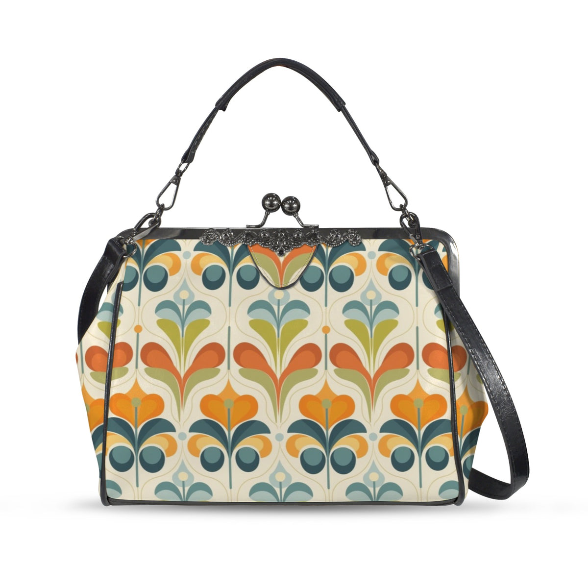 Mid Century Modern Groovy Retro Floral, Orange Green Blue Kisslock Crossbody Purse - Mid Century Modern Gal