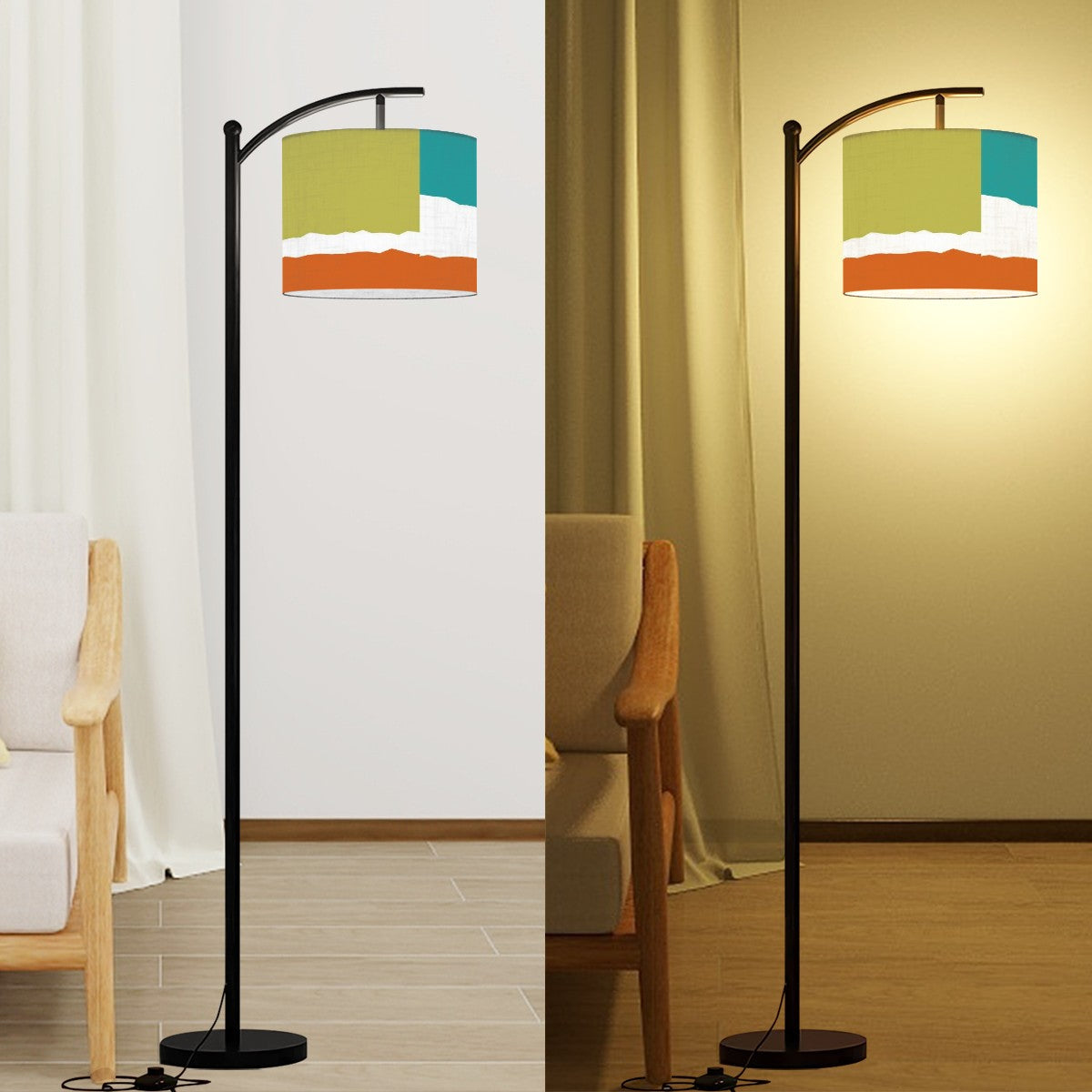 Mid Century Modern Patchwork Green, Teal, Orange MCM Arc Floor Lamp - Mid Century Modern Gal