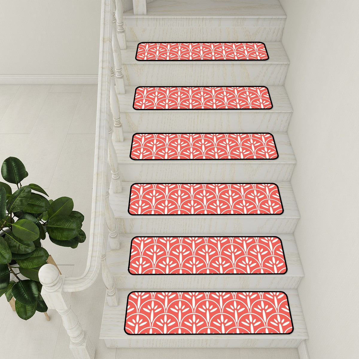 Art Deco Stair Tread Carpets | Coral And White Mid Century Modern Style Non Slip Carpet for Stairs Treads - Mid Century Modern Gal