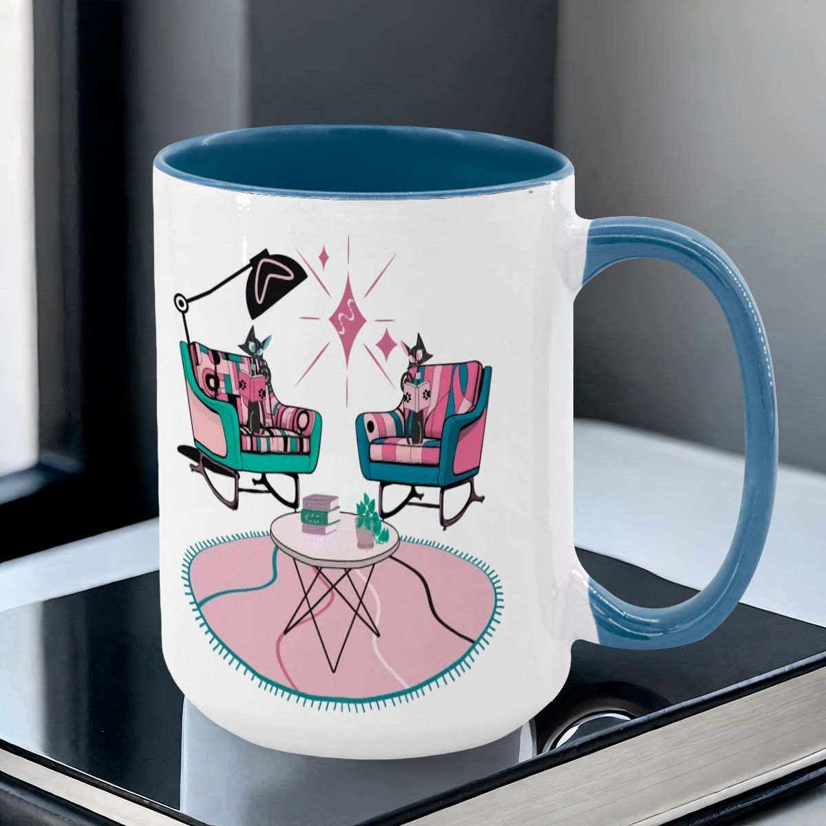 Atomic Reading Cats, Kitschy Mid Century Modern Large Colorful Mug (15oz)