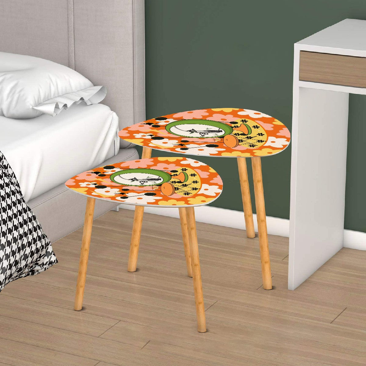 Mid Century Modern Nesting Tables Retro Orange Groovy Flowers Adorned With Atomic Martini Cat Design - Mid Century Modern Gal