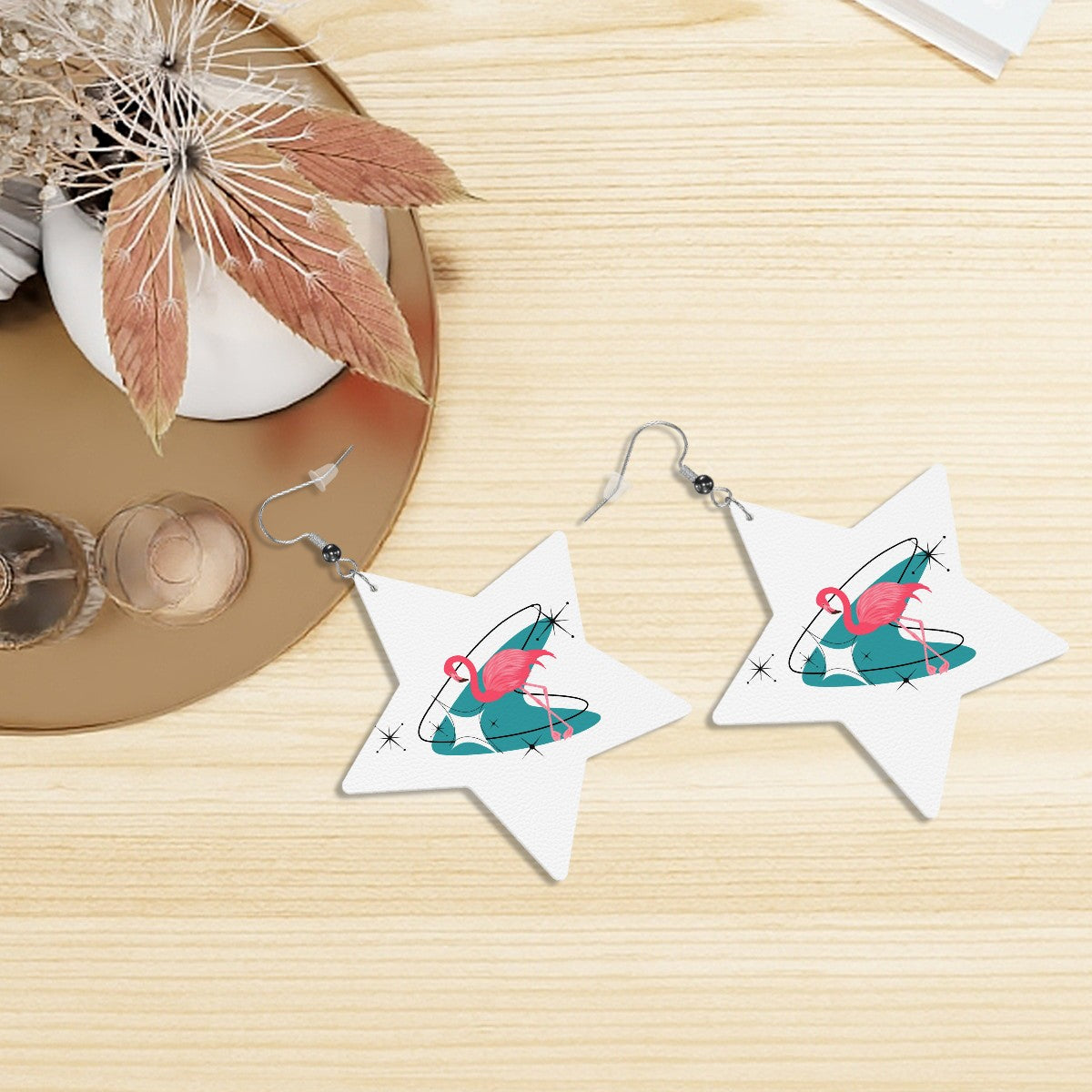 Kitschy Mid Mod Flamingo White Vegan Leather Star Earrings - Mid Century Modern Gal