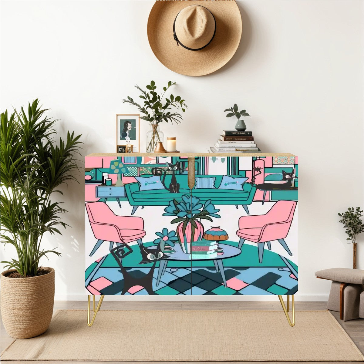Mid Century Modern Kitschy Atomic Cat Mod Living Room TV Sise Board Credenza Cabinet - Mid Century Modern Gal