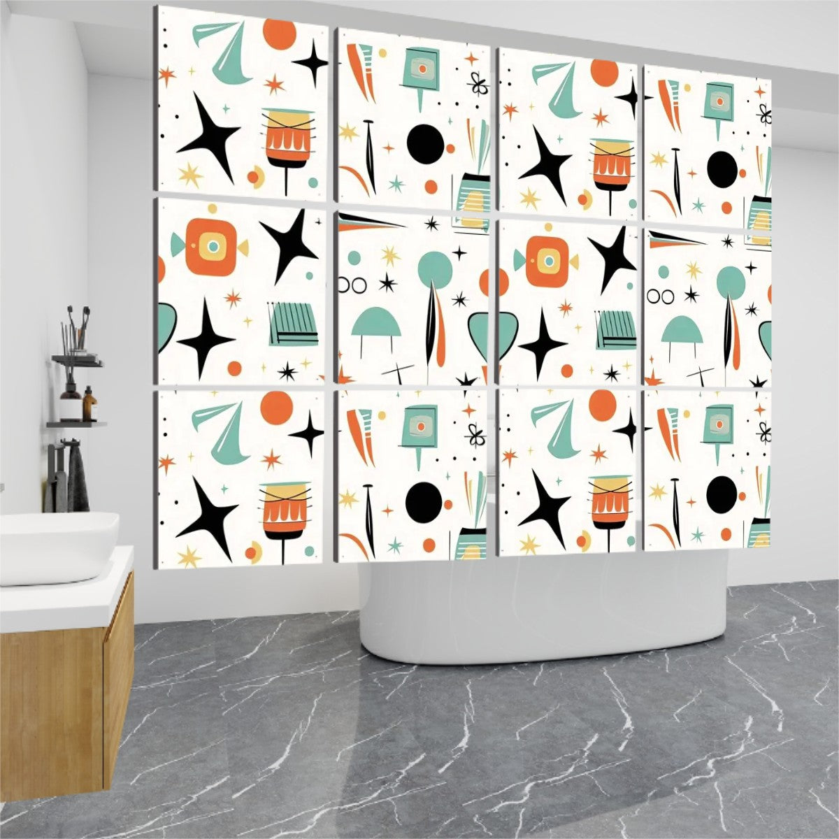 Mid Century Modern Hanging Room Divider In Sputnik, Mod Design, One Side Print - Mid Century Modern Gal