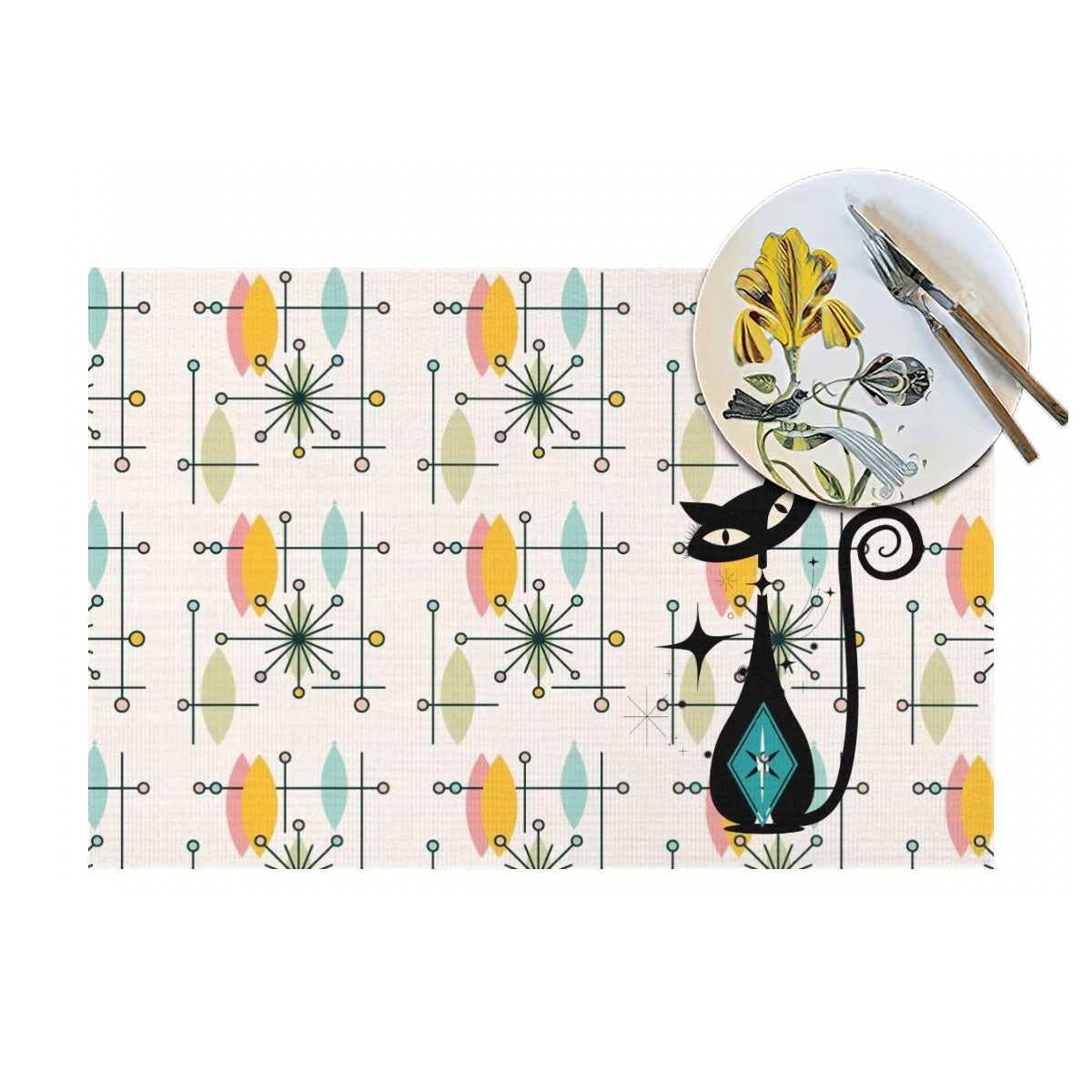 Atomic Cat Mid Century Modern White Starburst Kitschy Retro Woven Placemat - Mid Century Modern Gal