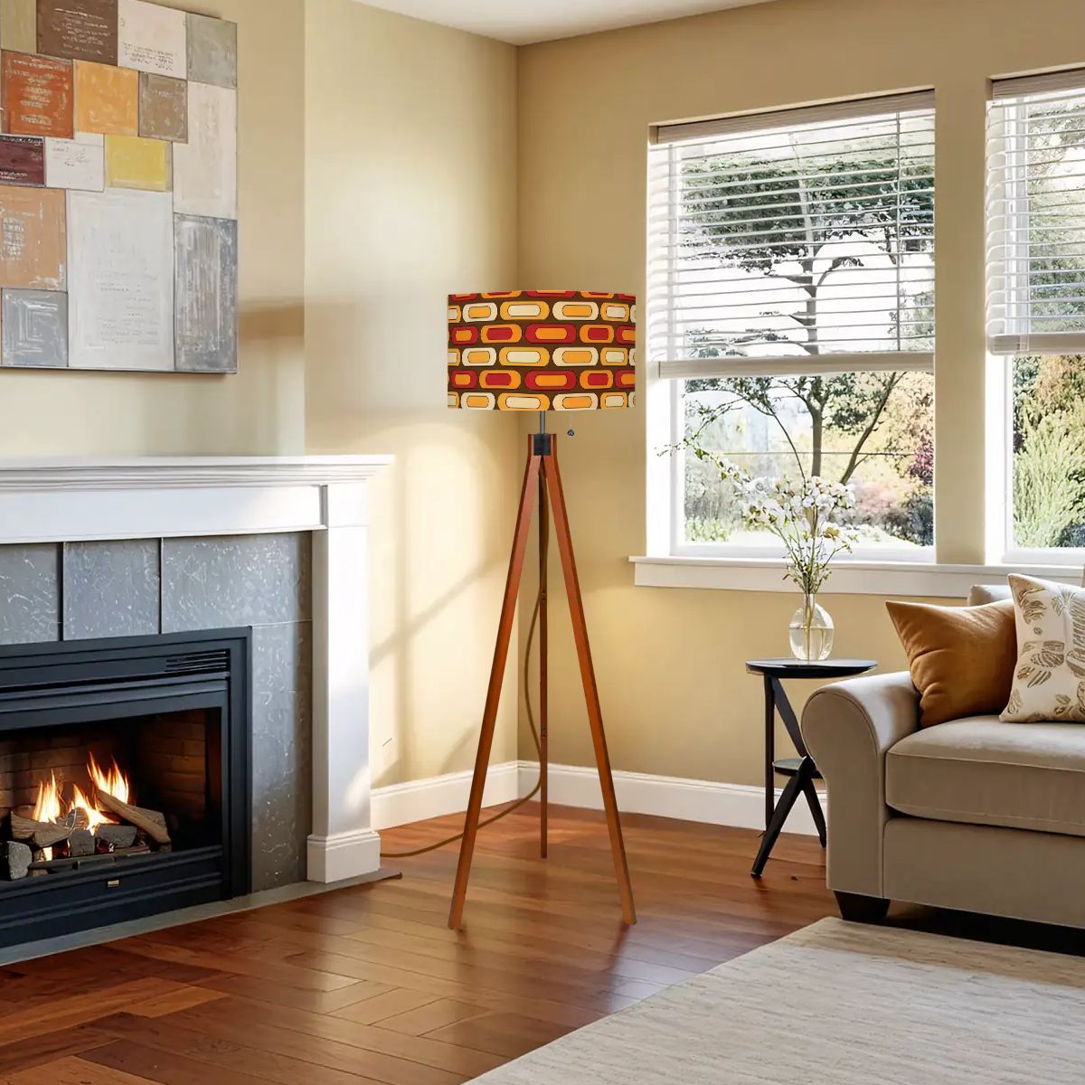Retro Floor Tripod Lamp, Geometric Designed Orange, Yellow Brown Mid ModTripod Floor - Mid Century Modern Gal