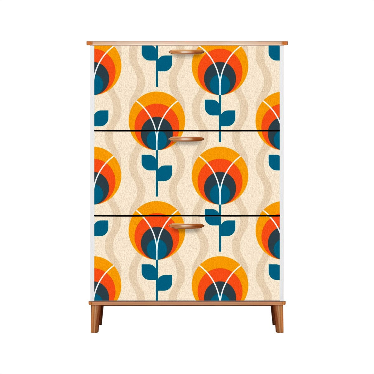 Scandinavian Designed Mid Century Modern Shoe Organizer, Orange Blue Floral Design - Mid Century Modern Gal
