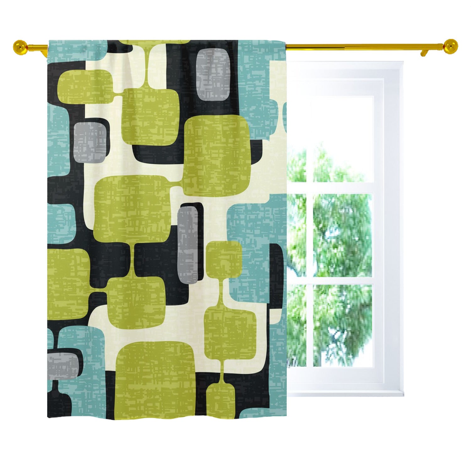 Mid Century Modern Geometric Mod Green, Aqua MCM Curtain, Single Panel - Mid Century Modern Gal