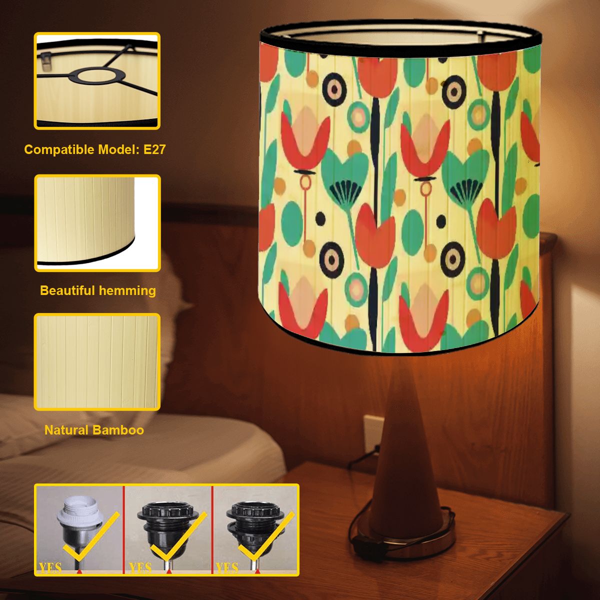 Retro Scandinavian Floral Mid Mod Bamboo Drum Lampshade - Mid Century Modern Gal