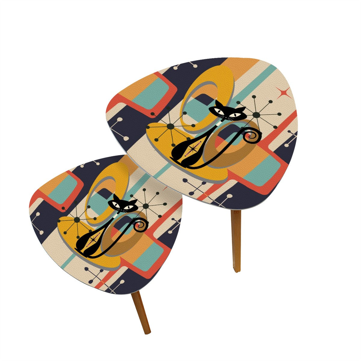 Mid Century Modern Nesting Tables, Atomic Cat, Mod 50s Triangle Coffee Table Set - Mid Century Modern Gal