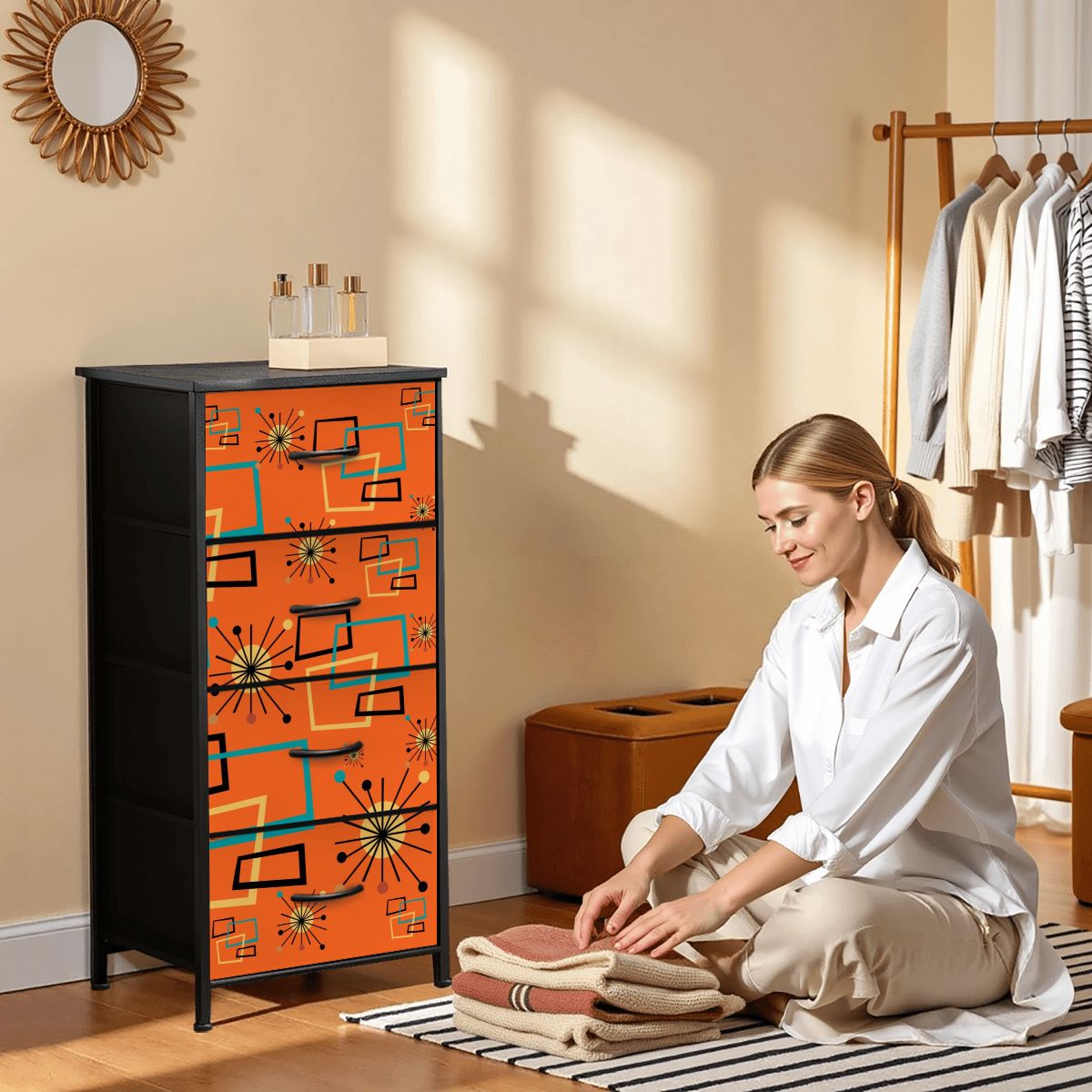 Mid Century Modern Sinatra Orange, Starburst, Geometric Funky Fun 4-Drawer Dresser - Mid Century Modern Gal