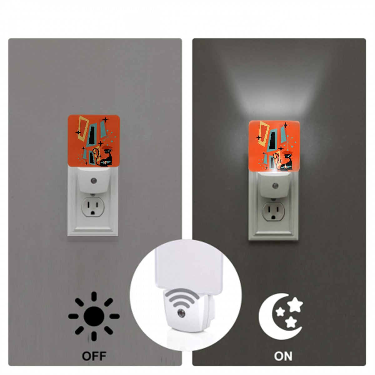 Atomic Cat Mid Century Modern Sinatra Orange Geometric Retro LED Night Light Set of 2 - Mid Century Modern Gal