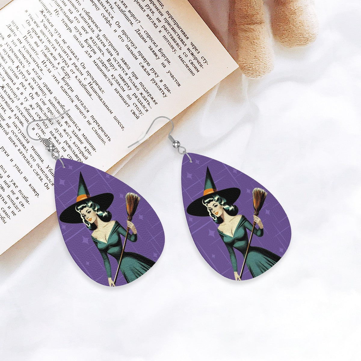 Mid Century Modern Vintage Pin Up Witch Purple Teal Halloween Vegan Leather Teardrop Earrings - Mid Century Modern Gal