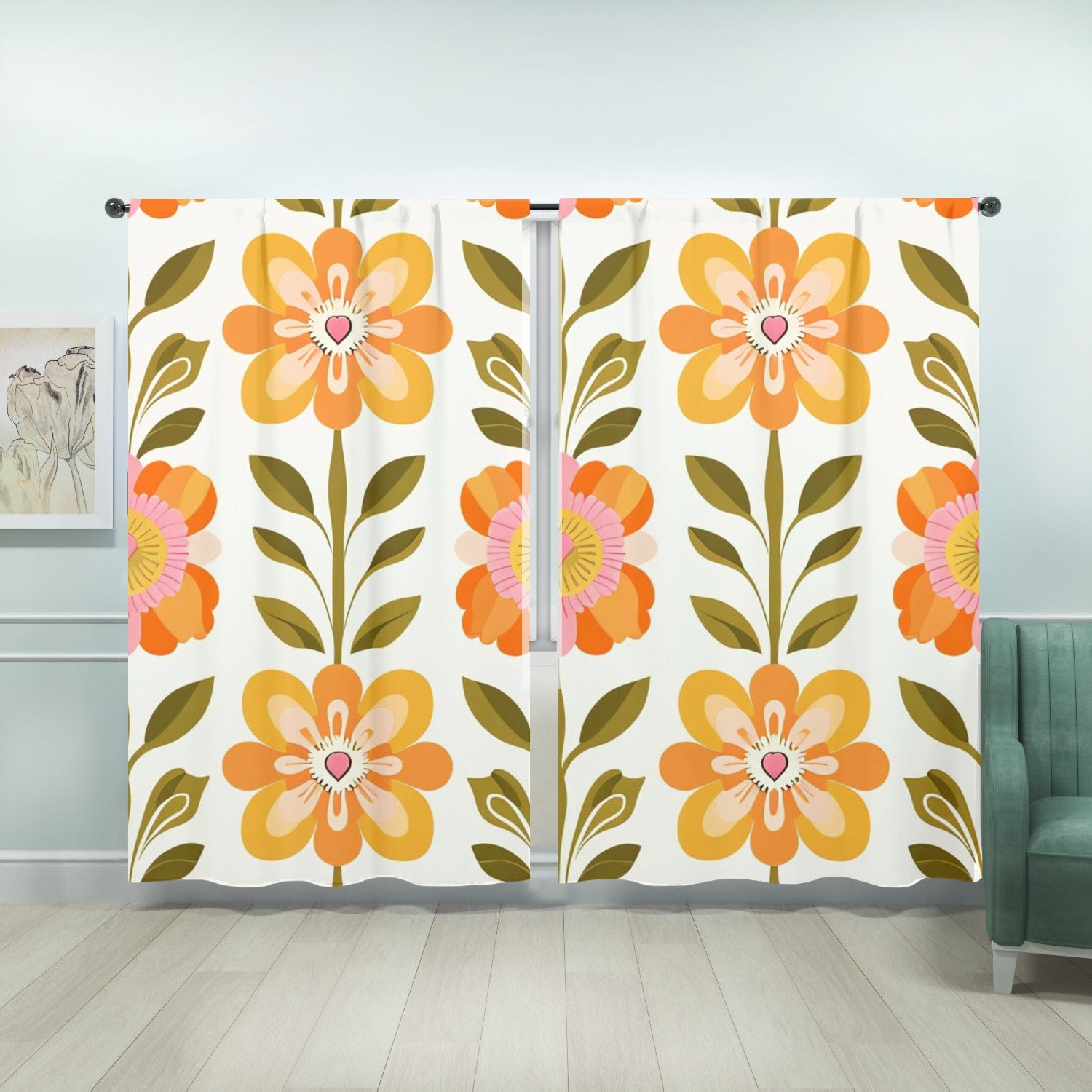 Scandinavian Mid Century Modern Pretty Floral Modern Danish Window Curtains (two panels) - Mid Century Modern Gal