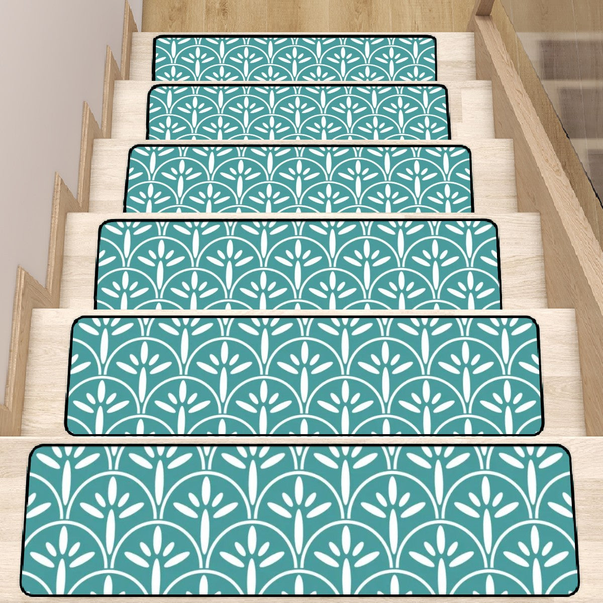 Art Deco Stair Tread Carpets | Aqua Teal Blue Mid Century Modern Style Non Slip Carpet for Stairs Treads - Mid Century Modern Gal