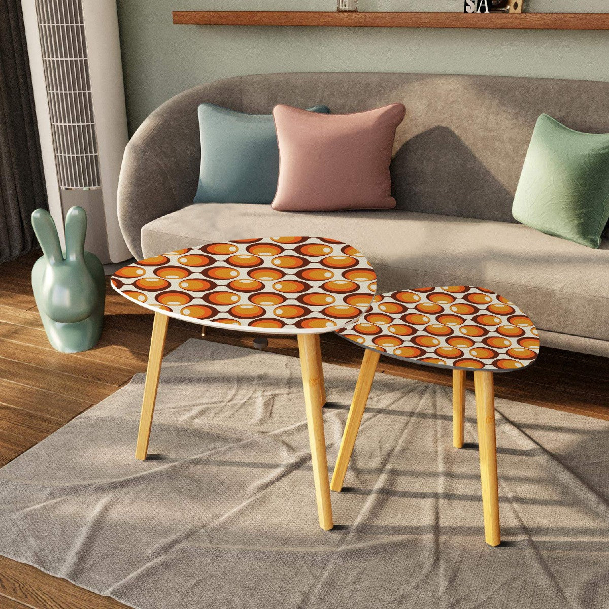 Space Orbs Mid Century Modern Nesting Tables, Orange Brown Retro Triangle Coffee Table Set of 2 - Mid Century Modern Gal