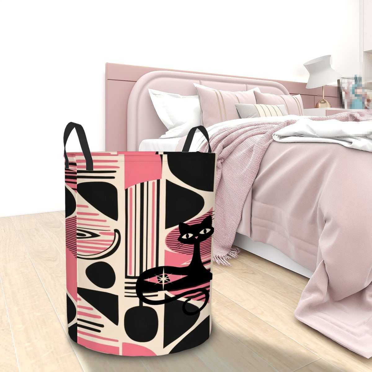 Atomic Cats Kitschy Mod Storage Solution, Organization MCM, Black, Pink, Circular Laundry Basket - Mid Century Modern Gal