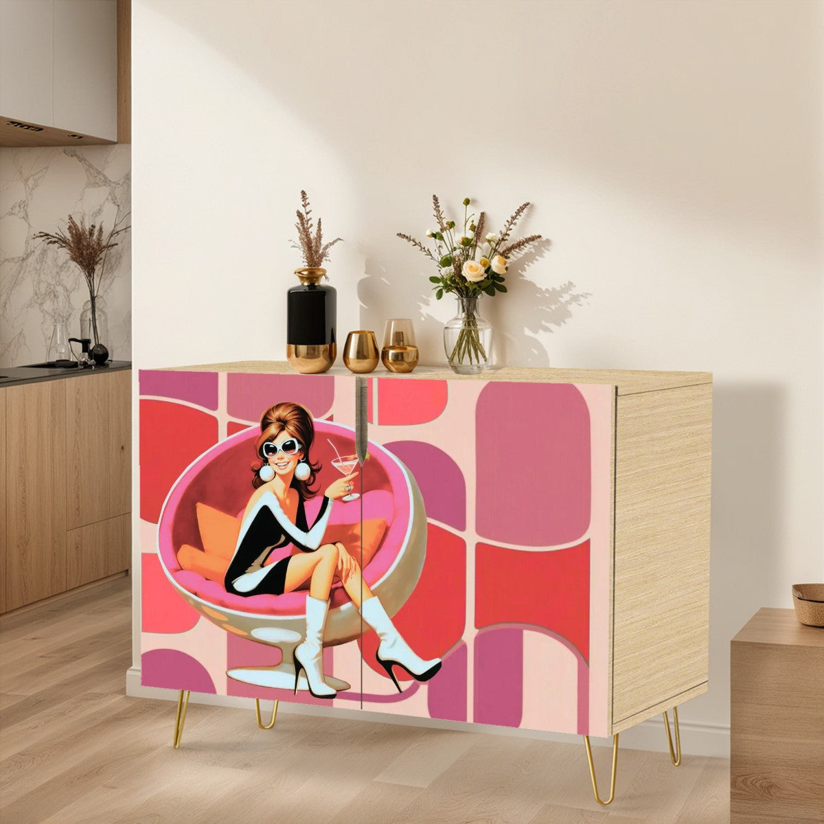 Mid Century Modern Bar Cabinet, Kitschy Mod 60s Gal Pink Geometric MCM Credenza Sideboard - Mid Century Modern Gal