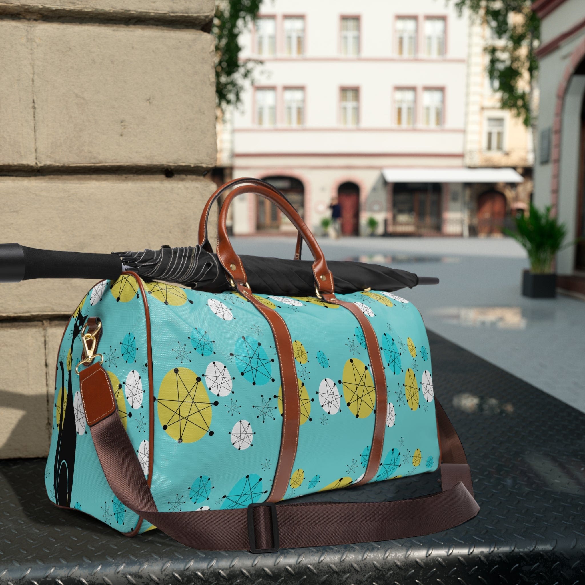 Atomic Cat Design, Fransican Starburst, Retro Mid Mod Aqua Blue Travel Bag Bags 20" x 12" / Brown