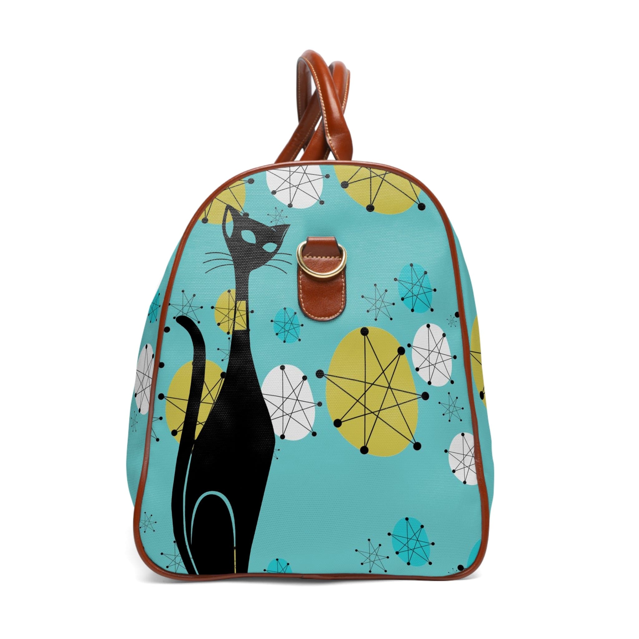 Atomic Cat Design, Fransican Starburst, Retro Mid Mod Aqua Blue Travel Bag Bags 20" x 12" / Brown