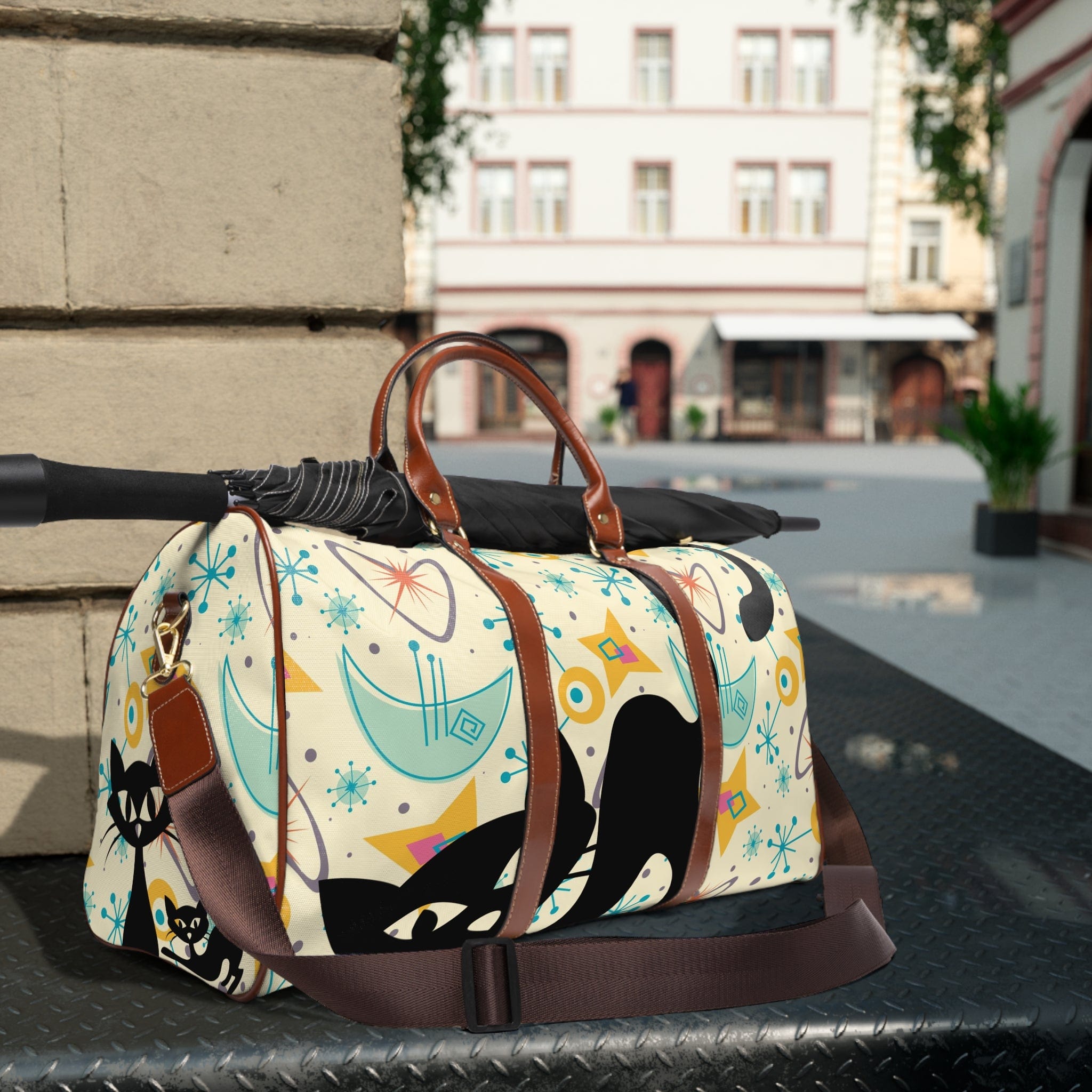 Atomic Cat Designs, Mid Century Modern Luggage, Carry On, Weekender, Kitschy Fun Boomerangs, Starburst Waterproof Travel Bag Bags 20" x 12" / Brown