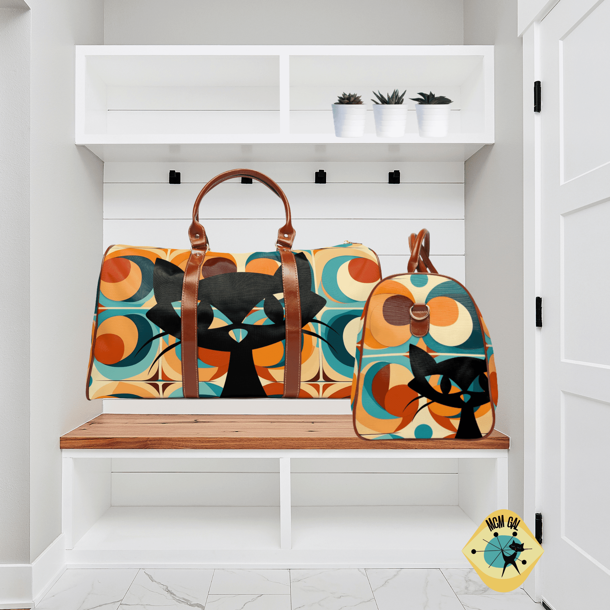 Atomic Cat Designs, Mid Century Modern Luggage, Travel Bag, Groovy Orbs, Cool Hipster Waterproof Travel Bag Bags 20" x 12" / Brown