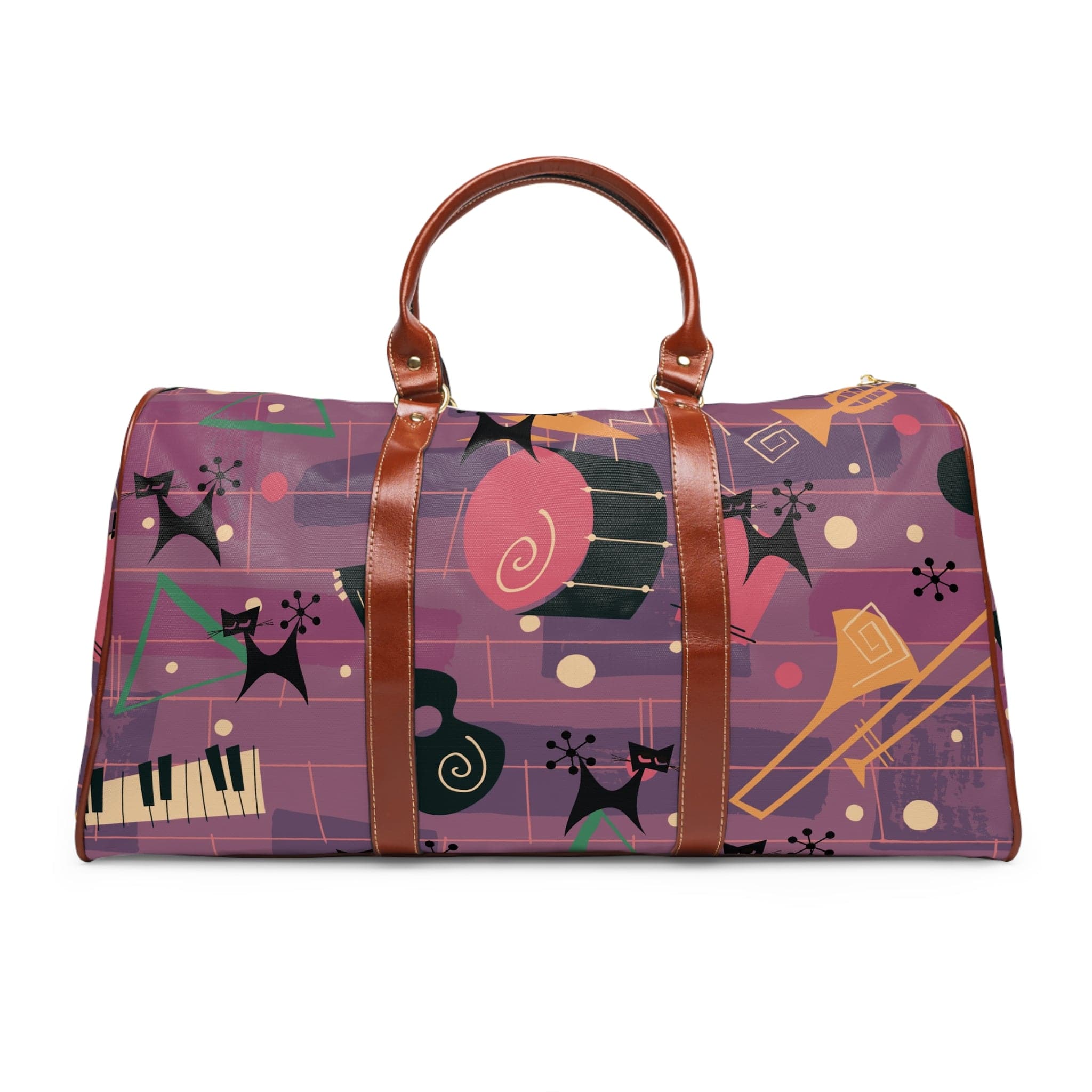 Atomic Cat, Jazzy Snazzy Music Lover, Retro Mid Century Modern Luggage Waterproof Travel Bag Bags 20" x 12" / Brown