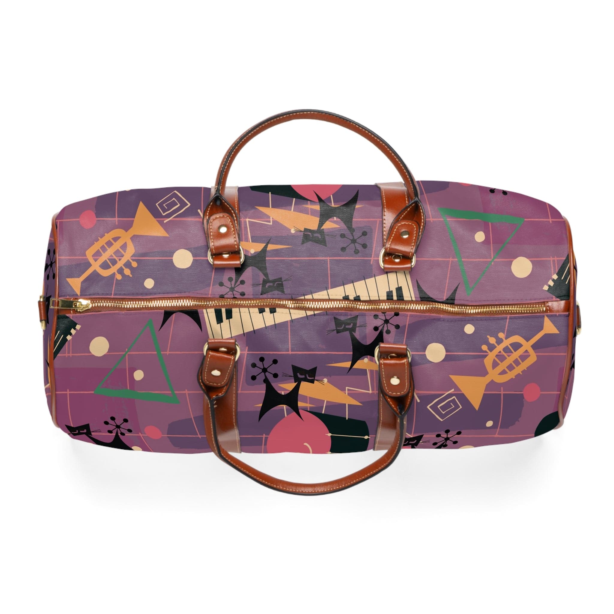 Atomic Cat, Jazzy Snazzy Music Lover, Retro Mid Century Modern Luggage Waterproof Travel Bag Bags 20" x 12" / Brown