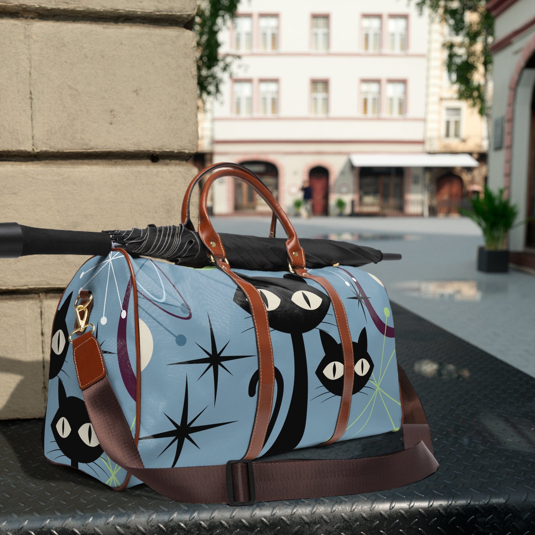 Atomic Cat, Mid Century Modern, Retro Blue, Starbursts, Fun Kitschy Cat Mom, Groovy Travel Bag Bags 20" x 12" / Brown