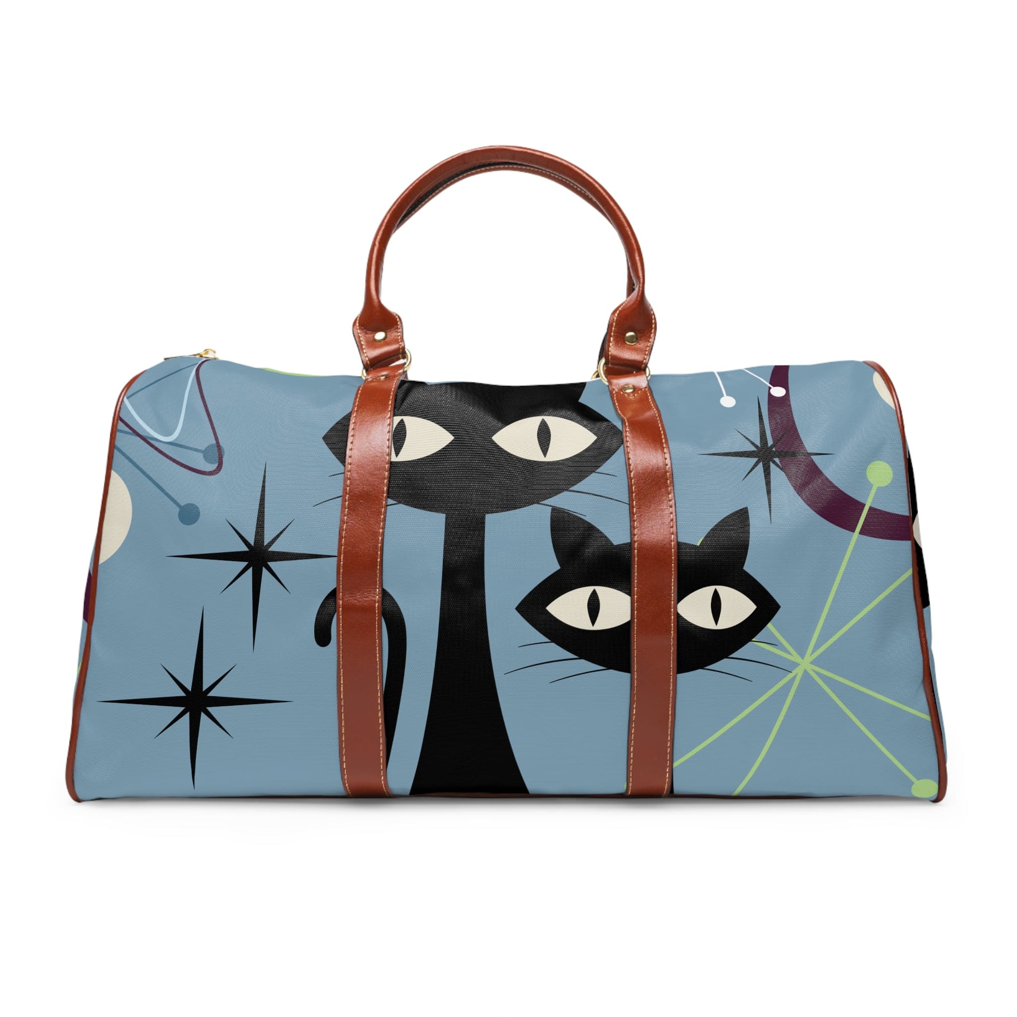 Atomic Cat, Mid Century Modern, Retro Blue, Starbursts, Fun Kitschy Cat Mom, Groovy Travel Bag Bags 20" x 12" / Brown
