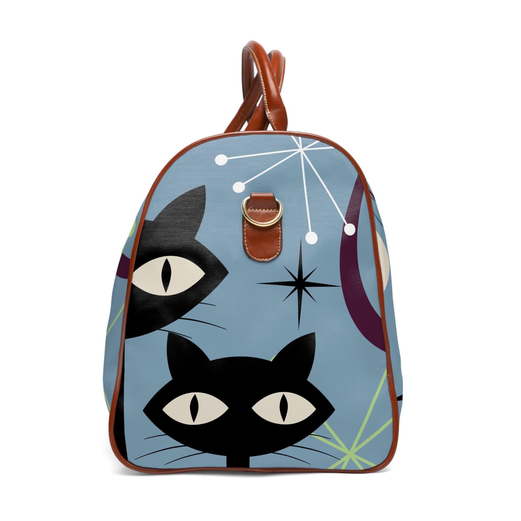 Atomic Cat, Mid Century Modern, Retro Blue, Starbursts, Fun Kitschy Cat Mom, Groovy Travel Bag Bags 20" x 12" / Brown