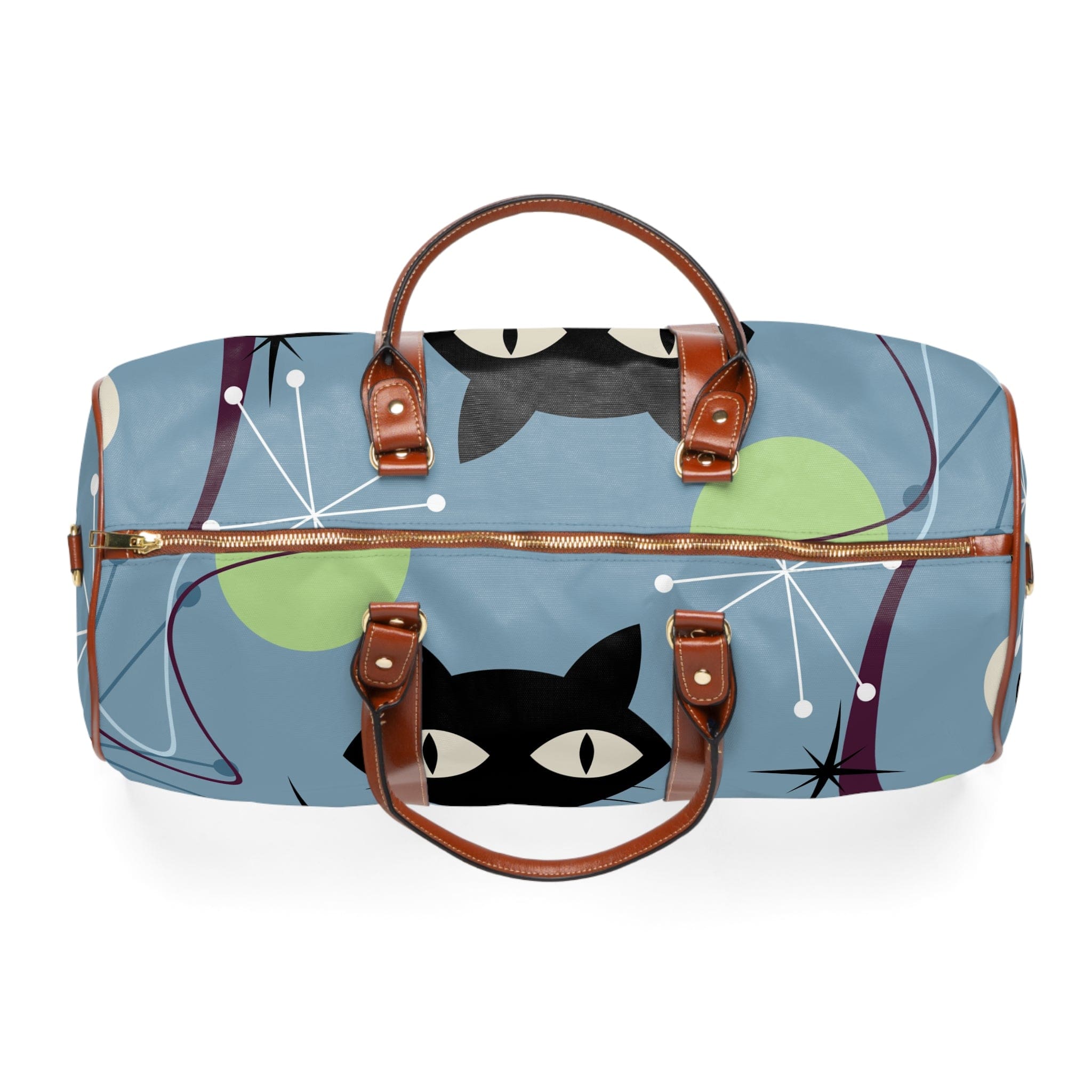 Atomic Cat, Mid Century Modern, Retro Blue, Starbursts, Fun Kitschy Cat Mom, Groovy Travel Bag Bags 20" x 12" / Brown
