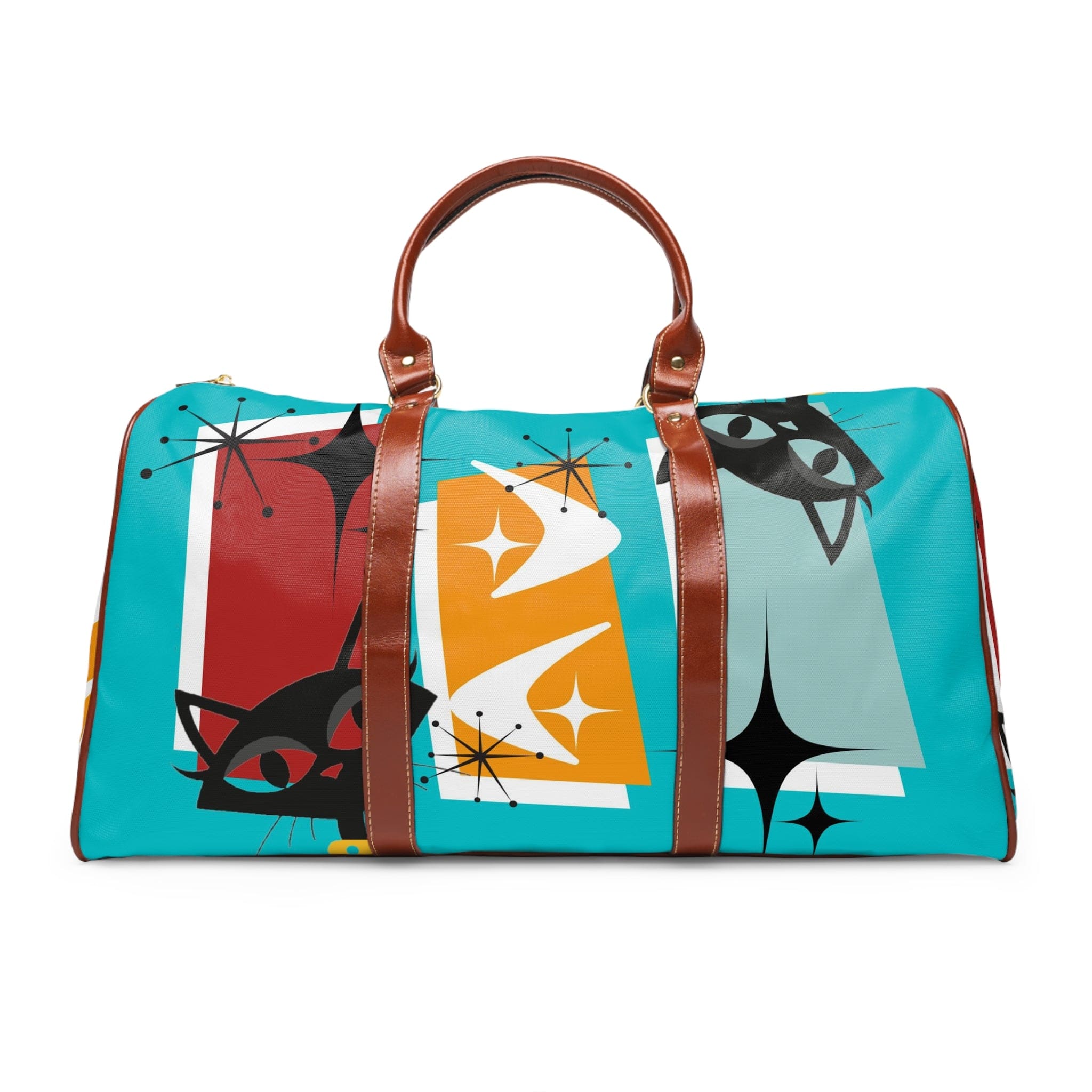 Atomic Cat, Mid Century Modern Travel Bag, Crazy Quirky Cats, Cat Mom, Aqua Blue Retro Travel Bag Bags 20" x 12" / Brown