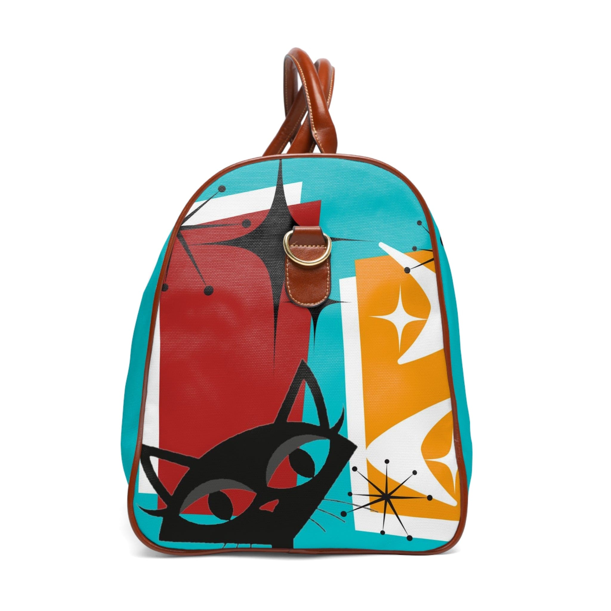 Atomic Cat, Mid Century Modern Travel Bag, Crazy Quirky Cats, Cat Mom, Aqua Blue Retro Travel Bag Bags 20" x 12" / Brown
