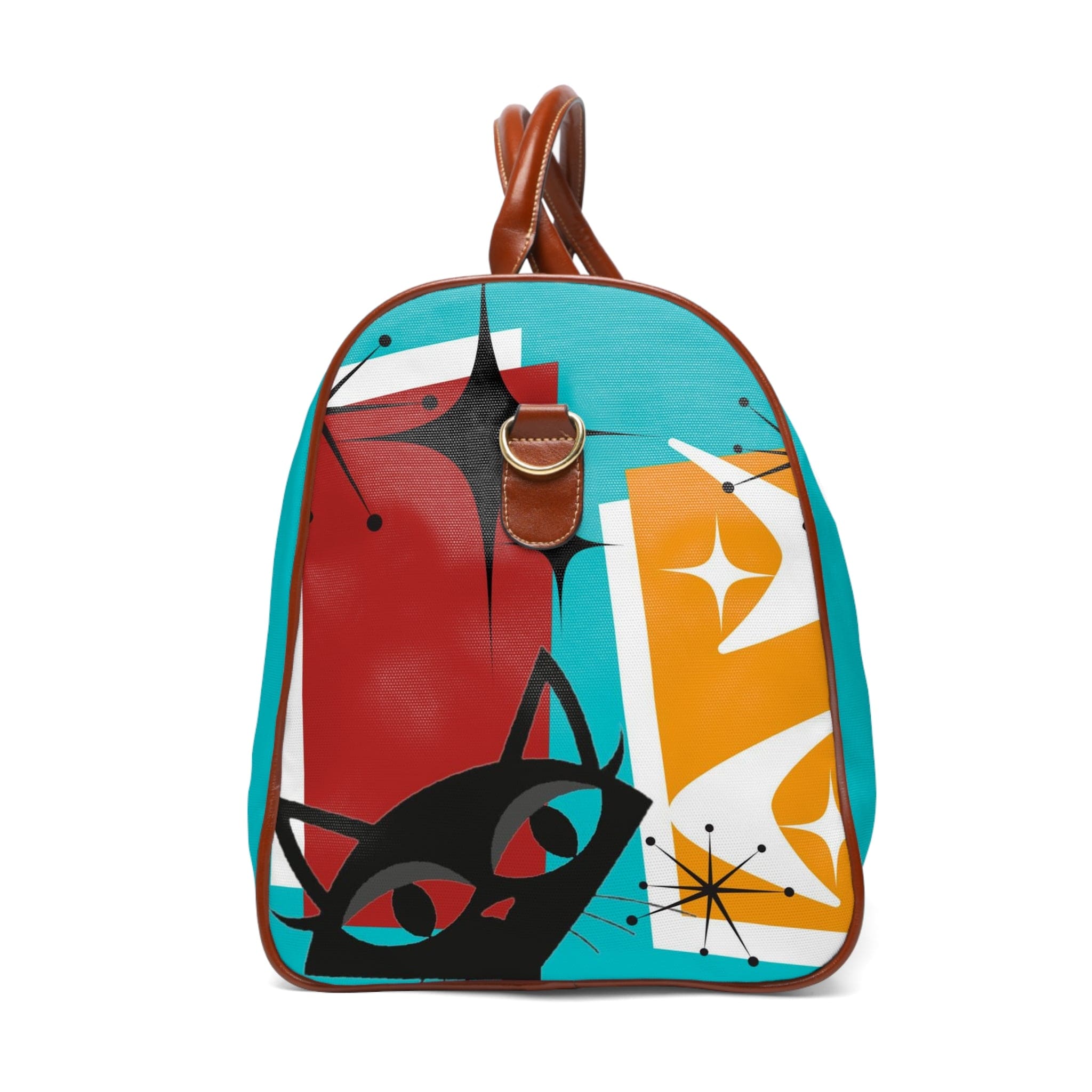 Atomic Cat, Mid Century Modern Travel Bag, Crazy Quirky Cats, Cat Mom, Aqua Blue Retro Travel Bag Bags 20" x 12" / Brown