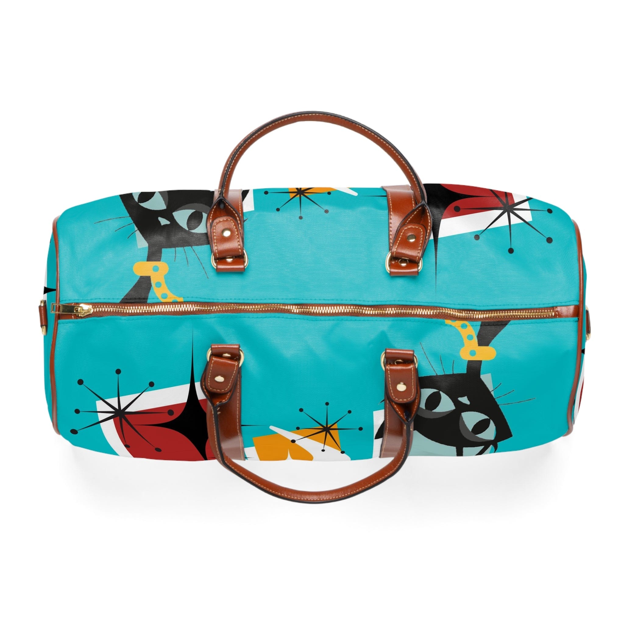 Atomic Cat, Mid Century Modern Travel Bag, Crazy Quirky Cats, Cat Mom, Aqua Blue Retro Travel Bag Bags 20" x 12" / Brown